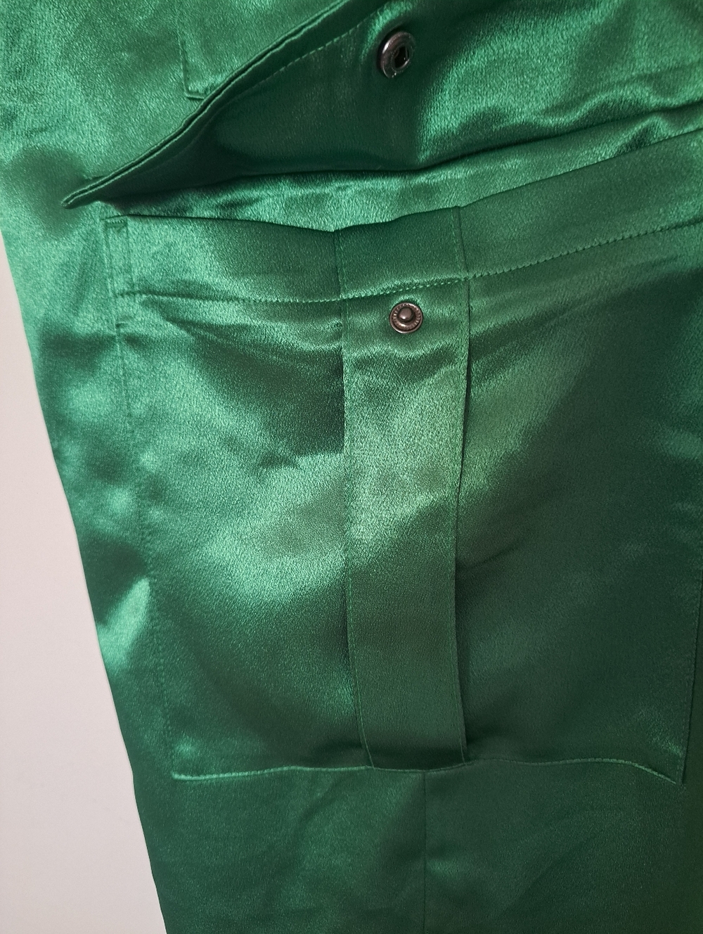 Satin Emerald Green Wide-Leg Cargo Jumpsuit Pants. - Picture 3 of 11